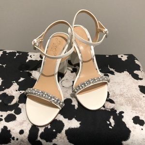 Jewel Badgley Mischka White Crystal-Embellished Block Heel Sandals